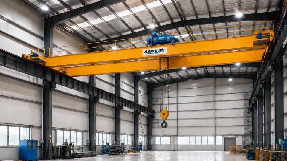 A double girder overhead travelling crane spanning a steel-framed warehouse bay