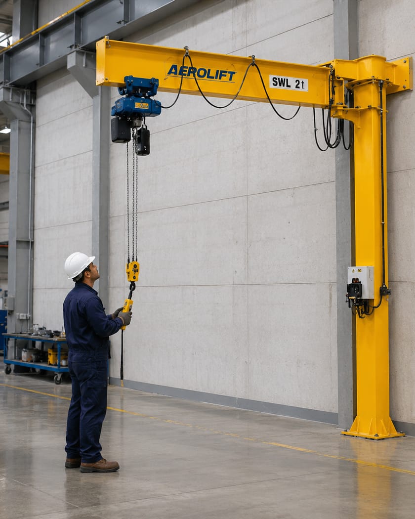 Aerolift technician operating a pillar-mounted jib crane by pendant control during a service visit